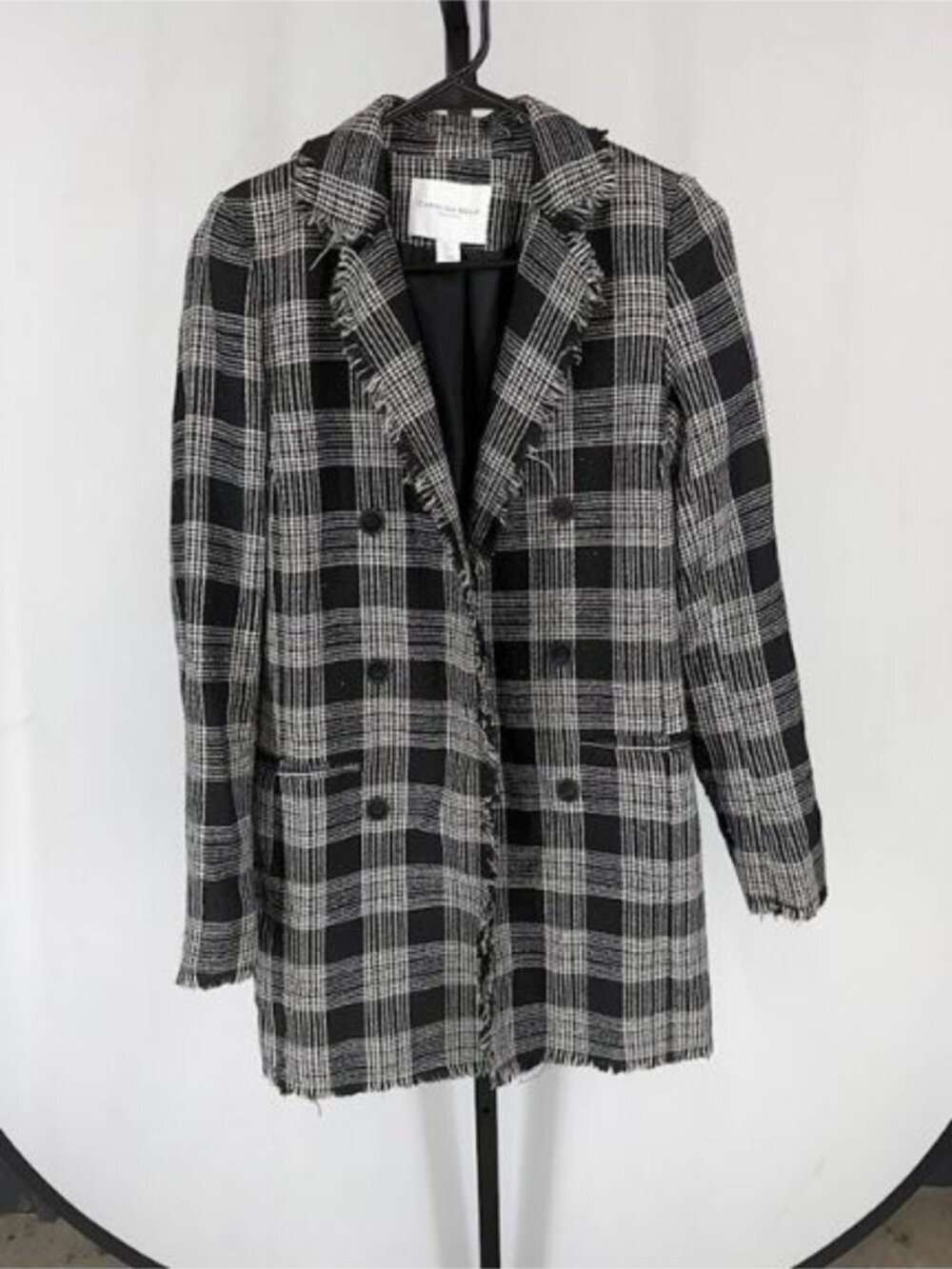 Carolina Belle Montreal Plaid Fringe Open Front Long Blazer